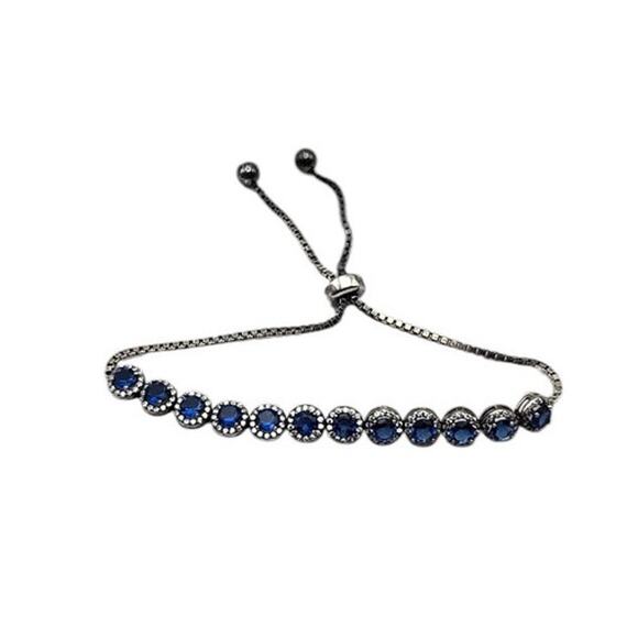 Blue Glass Stone Rhinestone Tennis Bracelet Adjustable - Picture 5 of 7